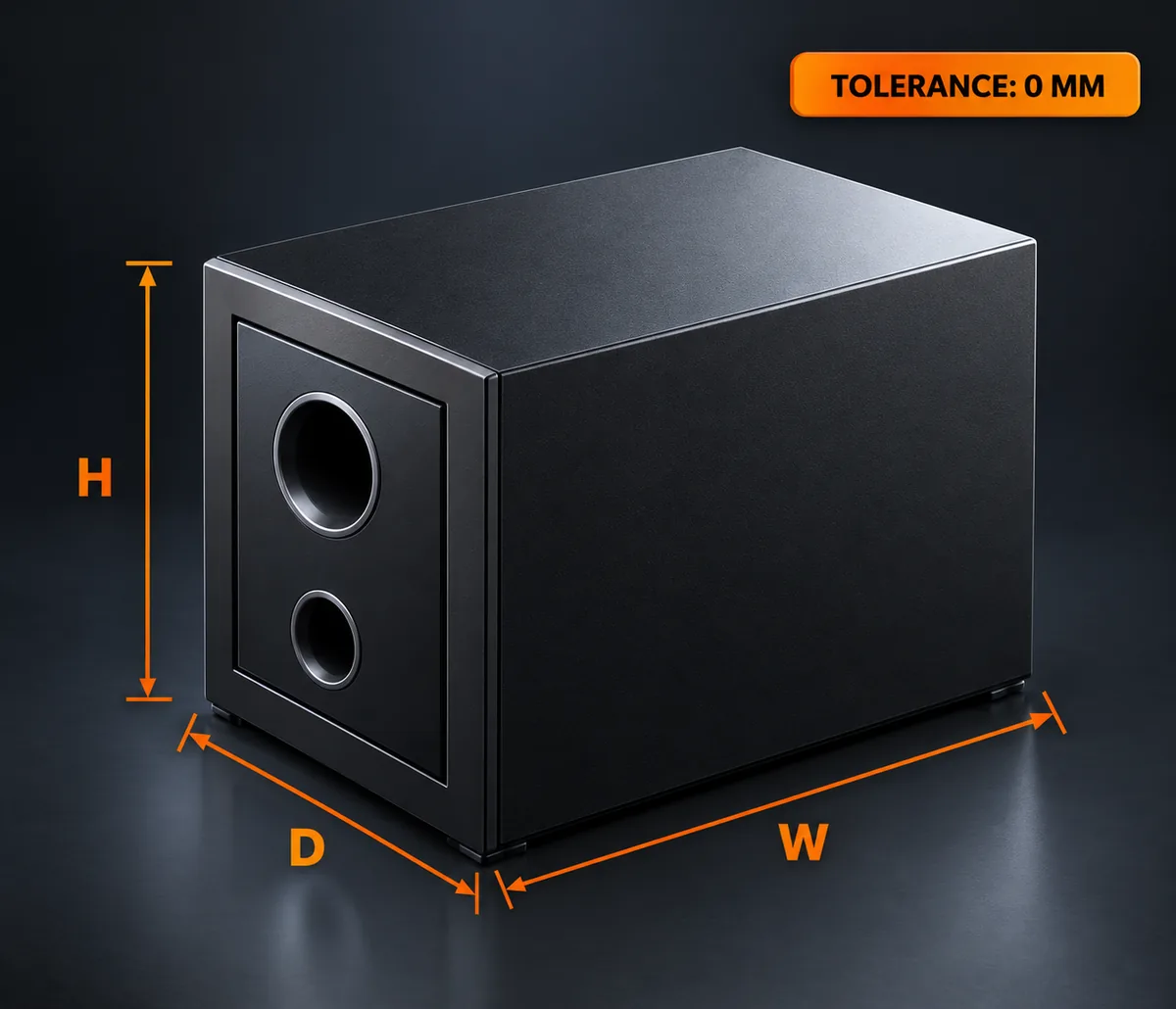 Speaker cabinet with its height, width and depth marked for measuring. Tolerance: 0 mm.